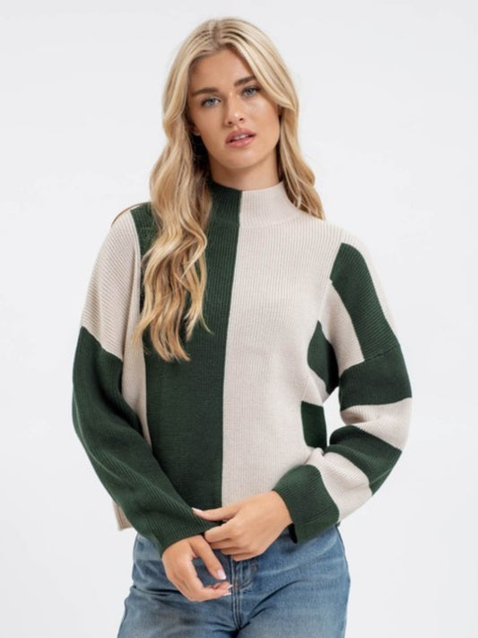 Stripe Color Block Mock Neck Sweater