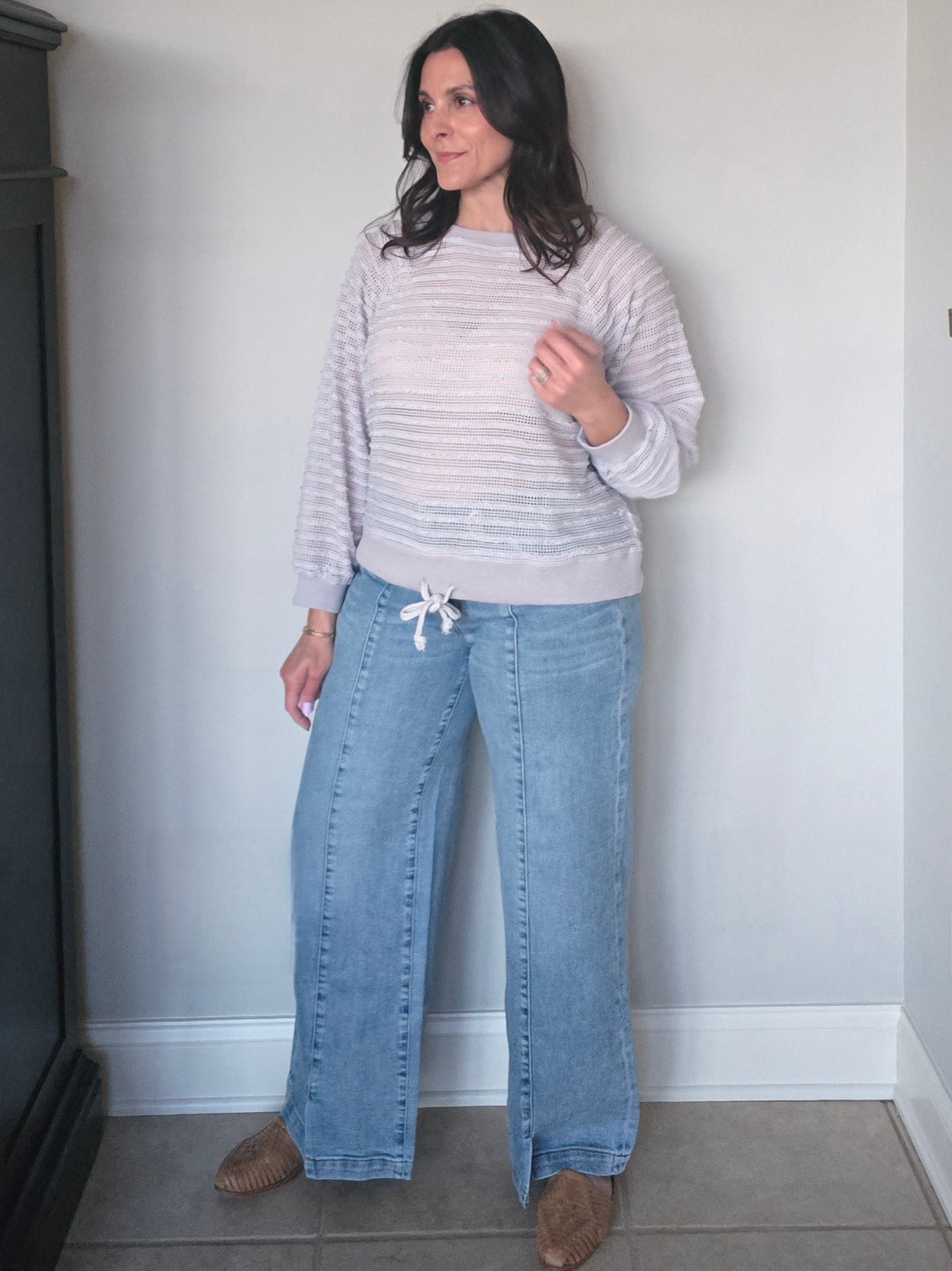 Drawstring Textured Knit Pullover