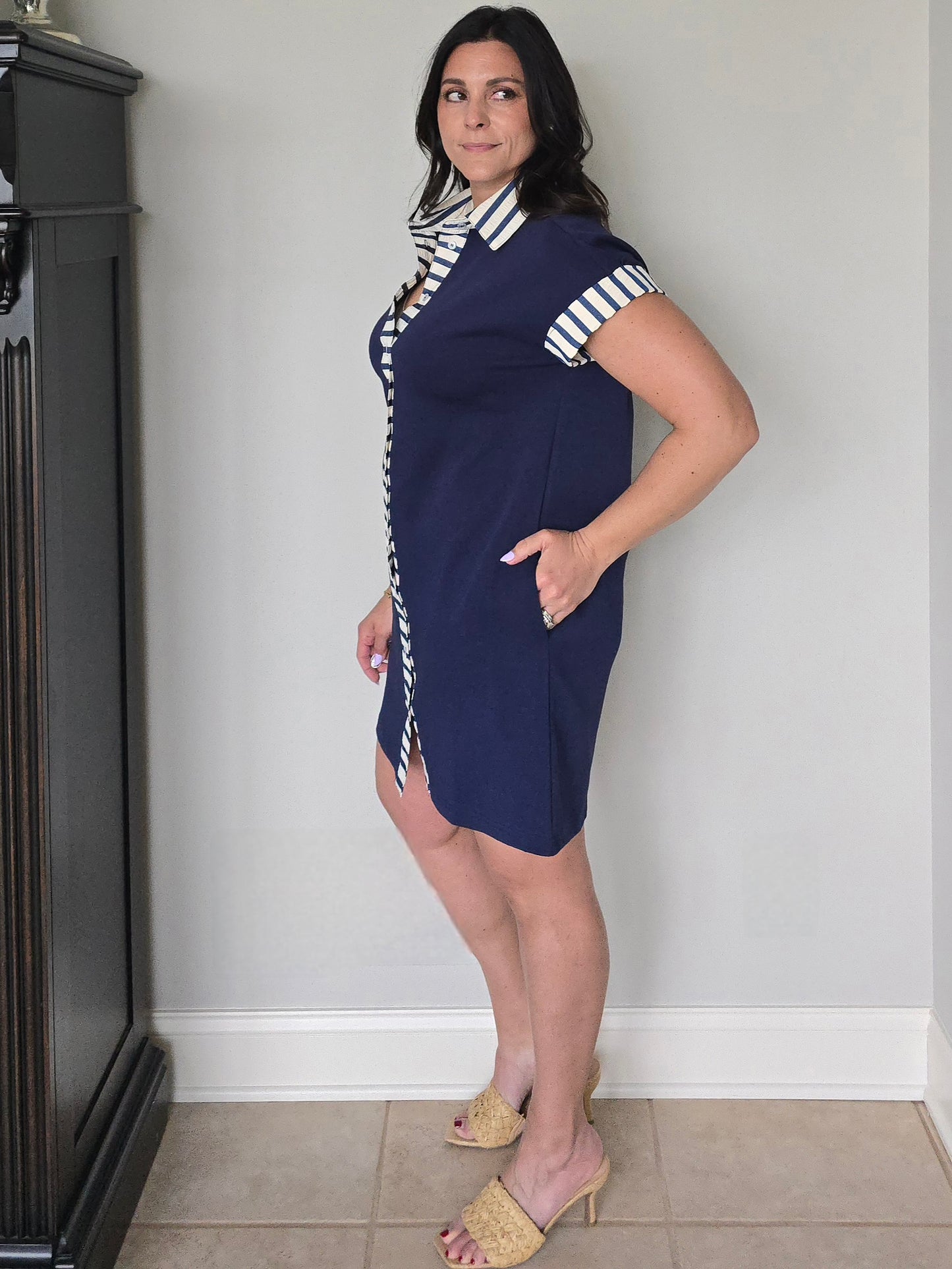 Navy Collared Stripe Accent Dress