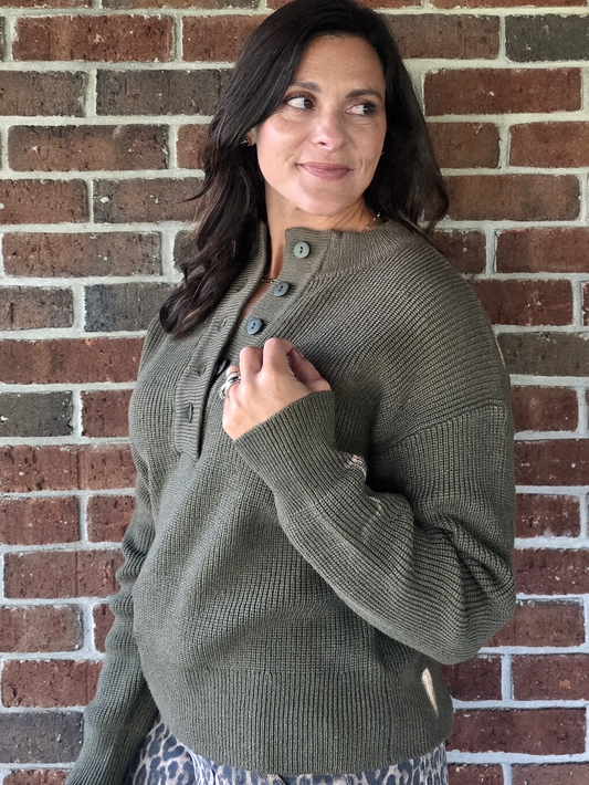Olive Button-Up Knit Sweater