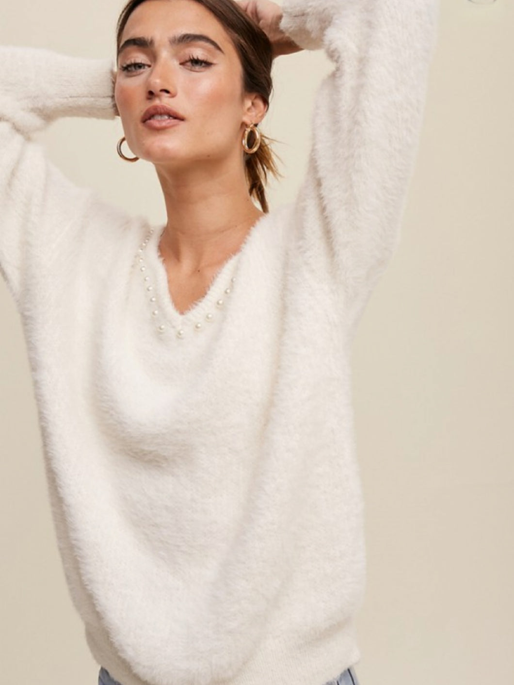 Pearl Detail Fuzzy Sweater