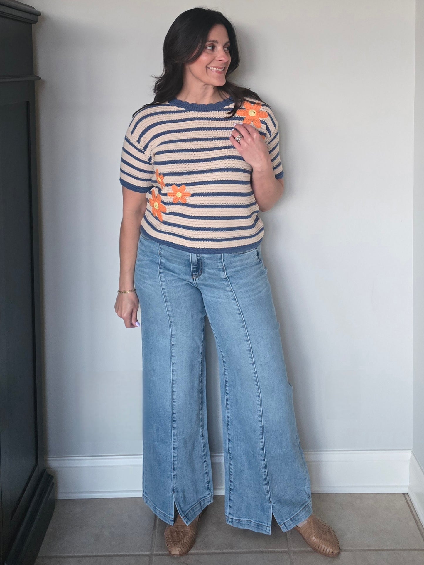 Daisy Embroidered Stripe Knit Top