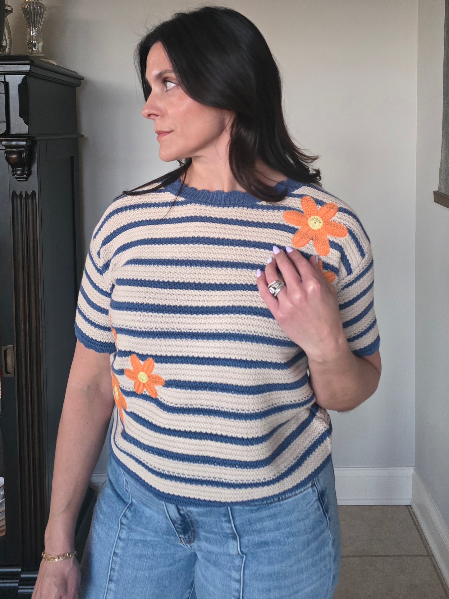 Daisy Embroidered Stripe Knit Top