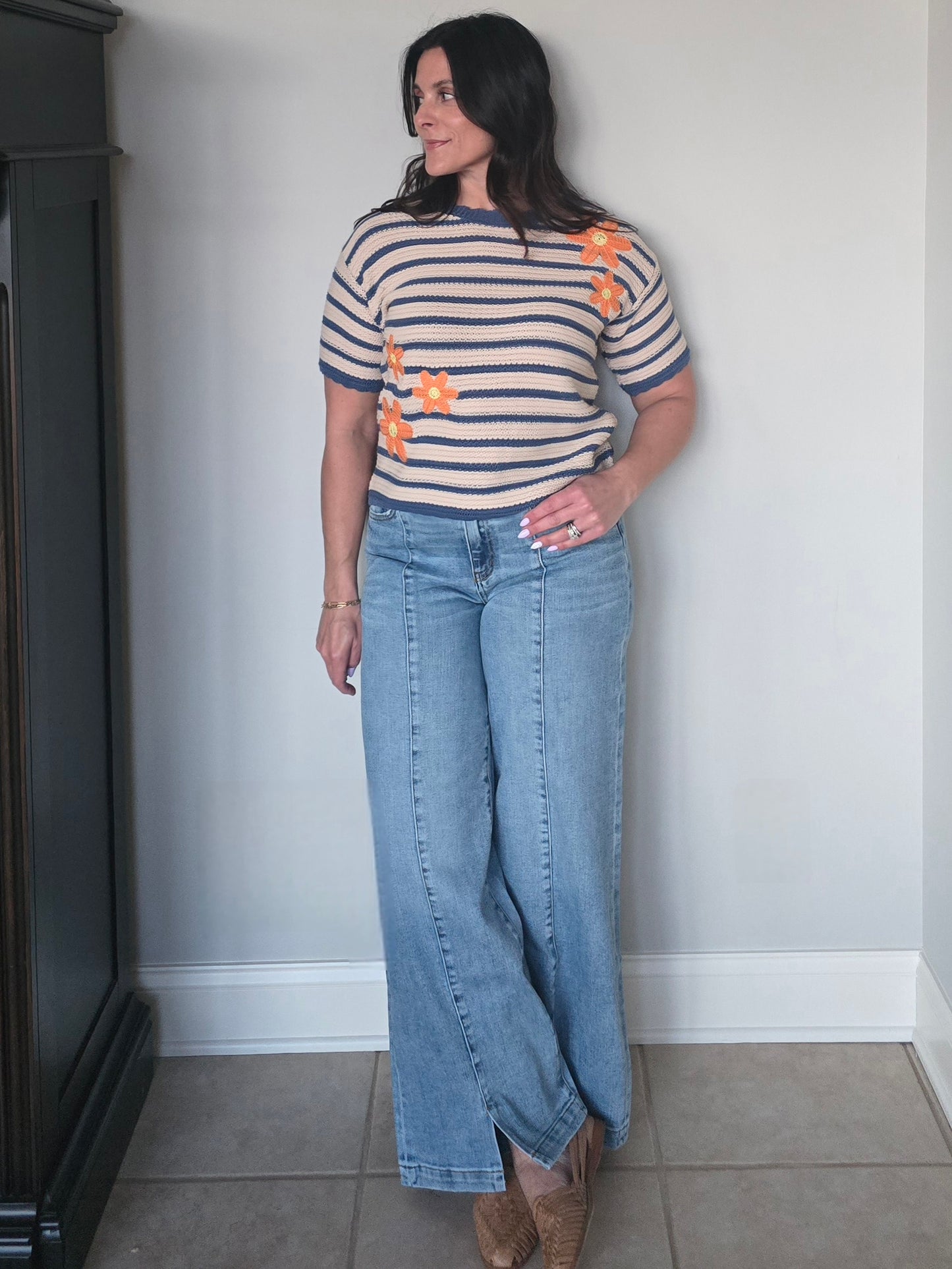 Daisy Embroidered Stripe Knit Top