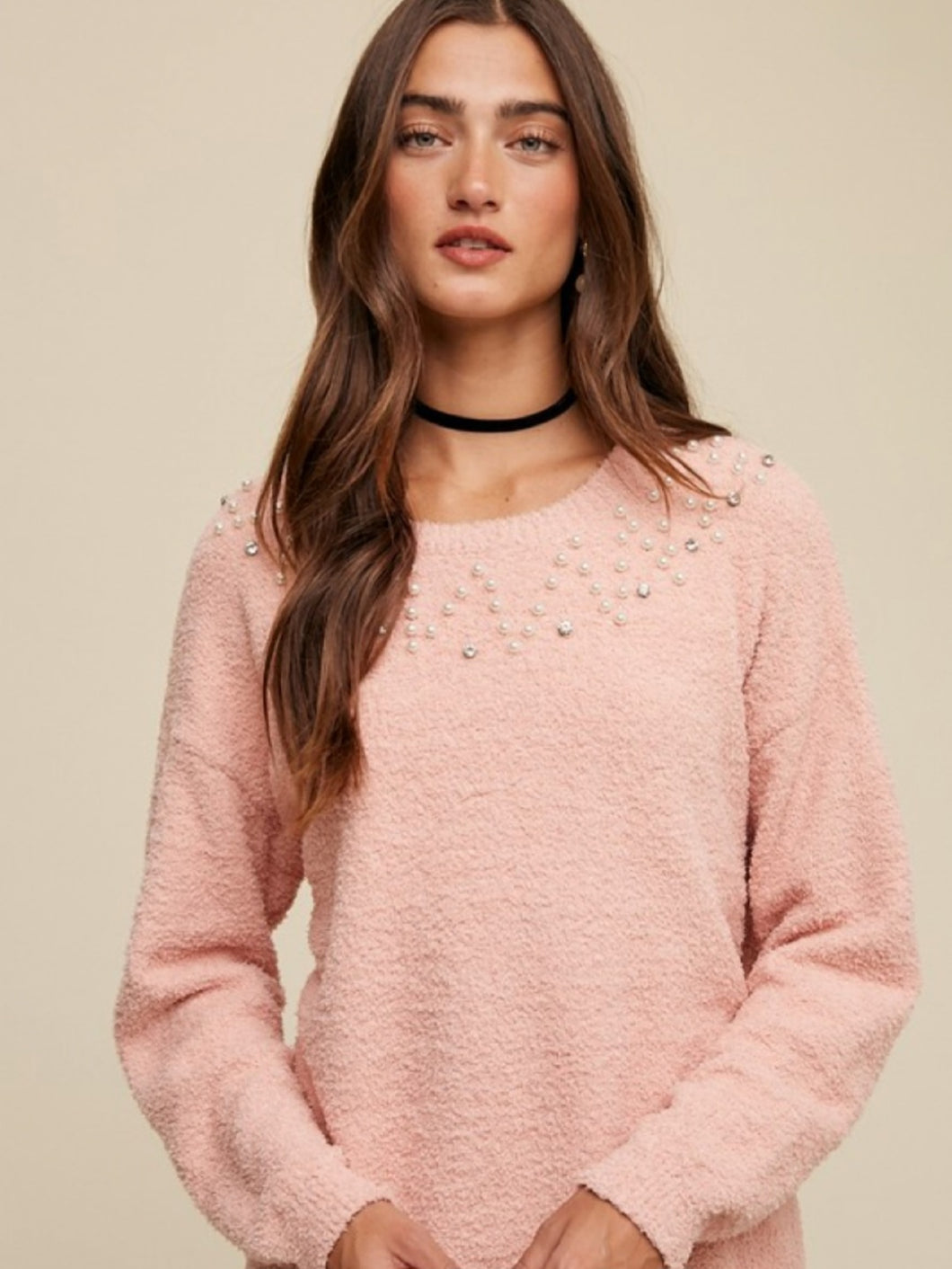 Blush Pearl and Rhinestone Embellished Sweater