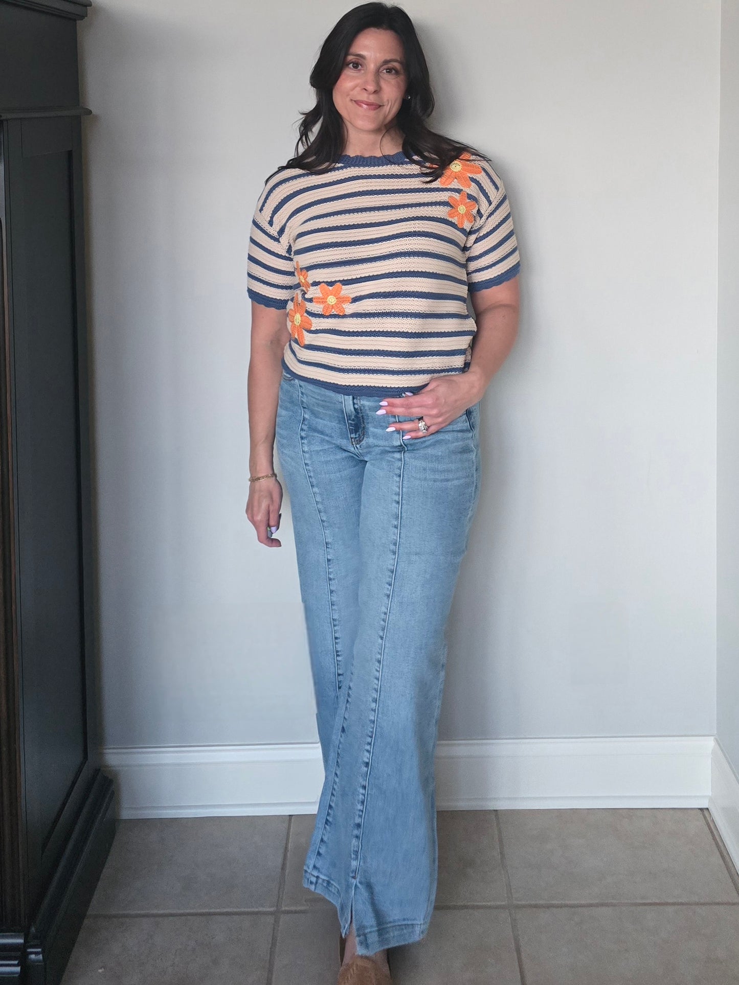 Daisy Embroidered Stripe Knit Top