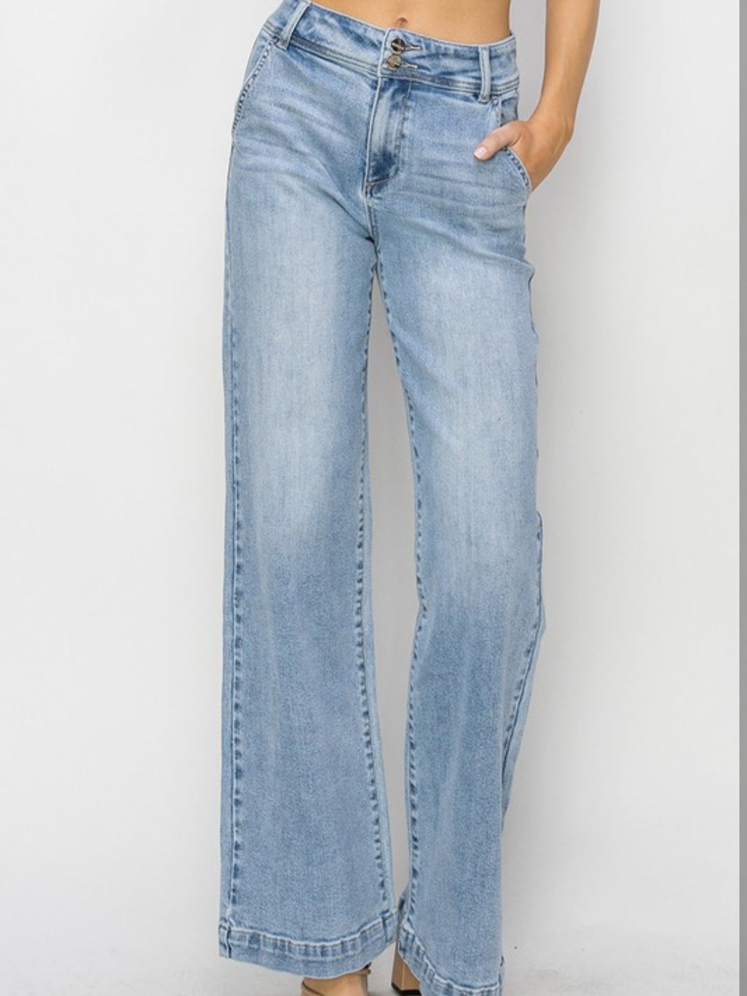 High Rise Double Button Wide Leg Jeans