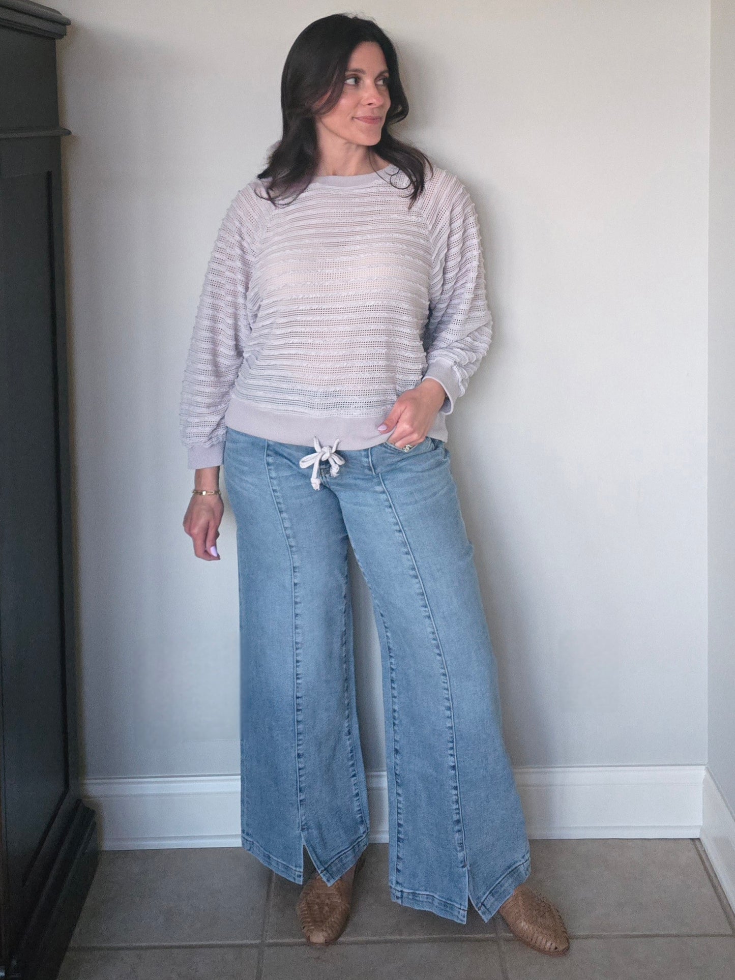 Drawstring Textured Knit Pullover