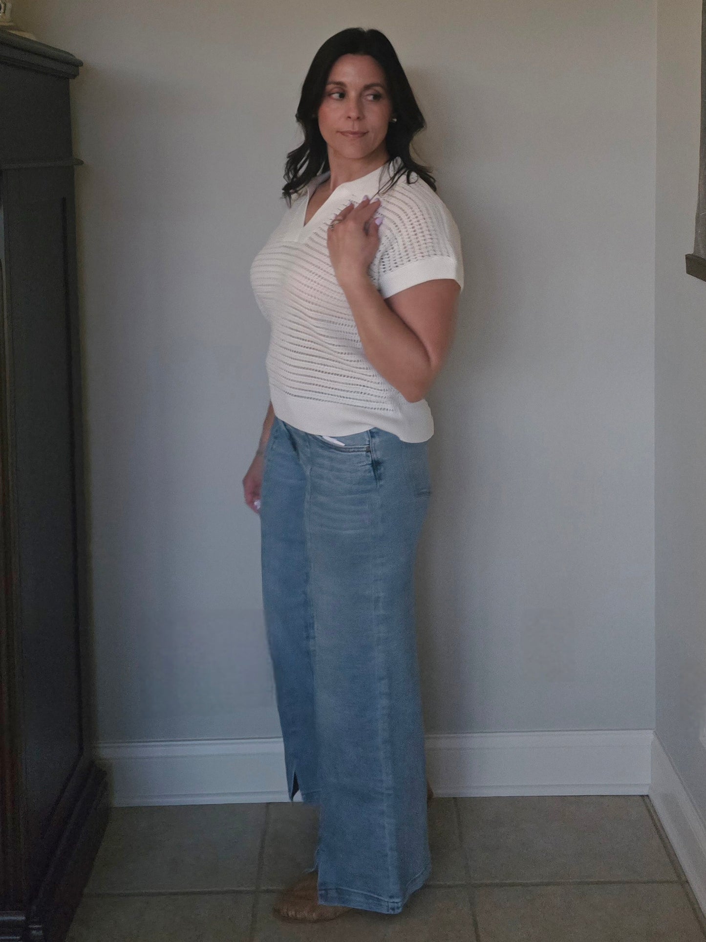 Cream Open Knit Polo