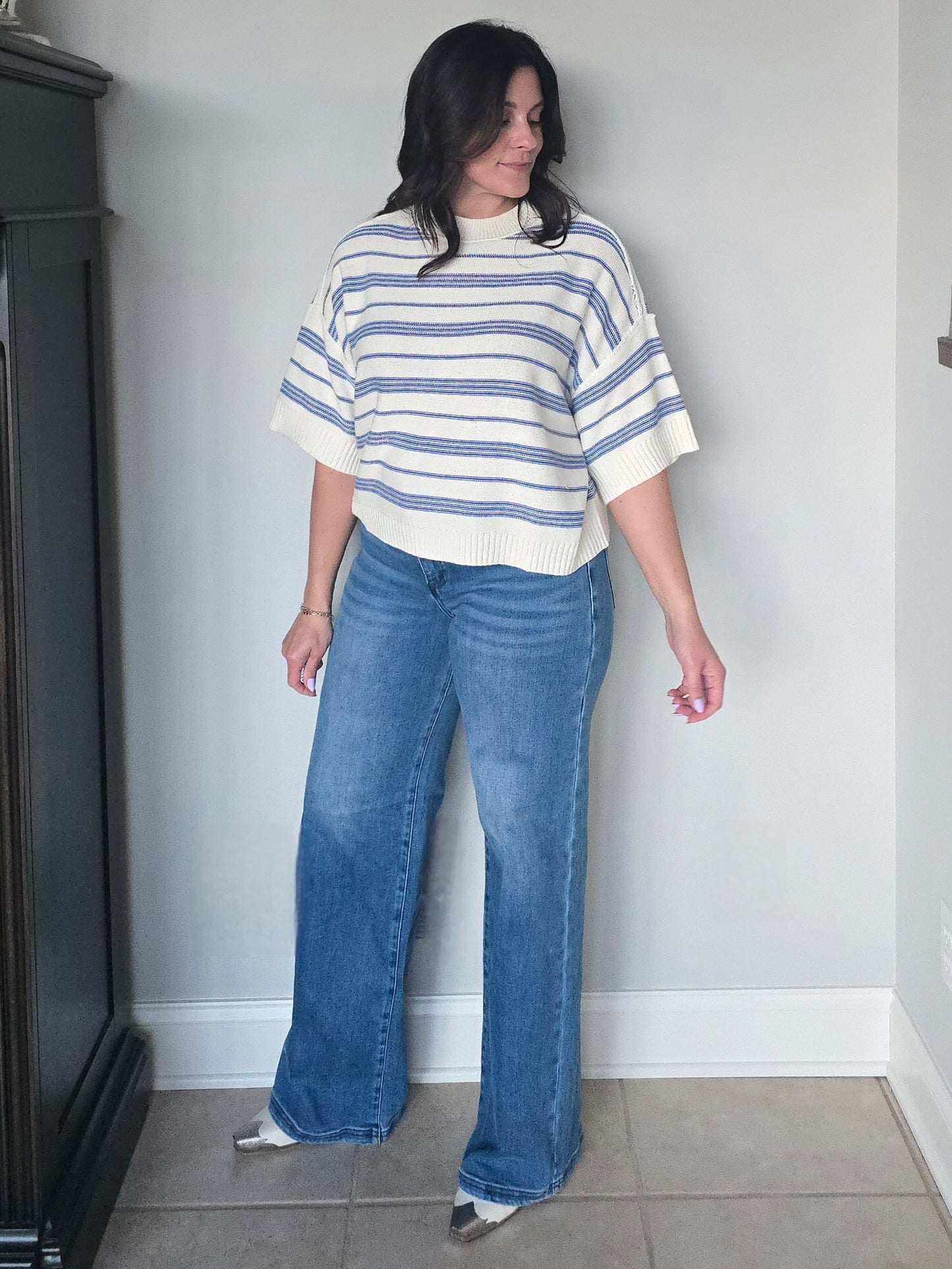 Inside Out Cream + Navy Stripe Short Sleeve Sweater