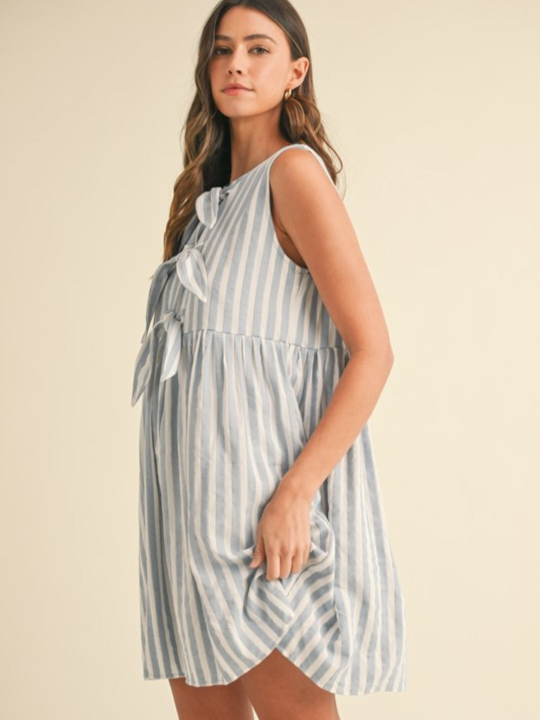 Vertical Stripe Front Bow Detail Dress