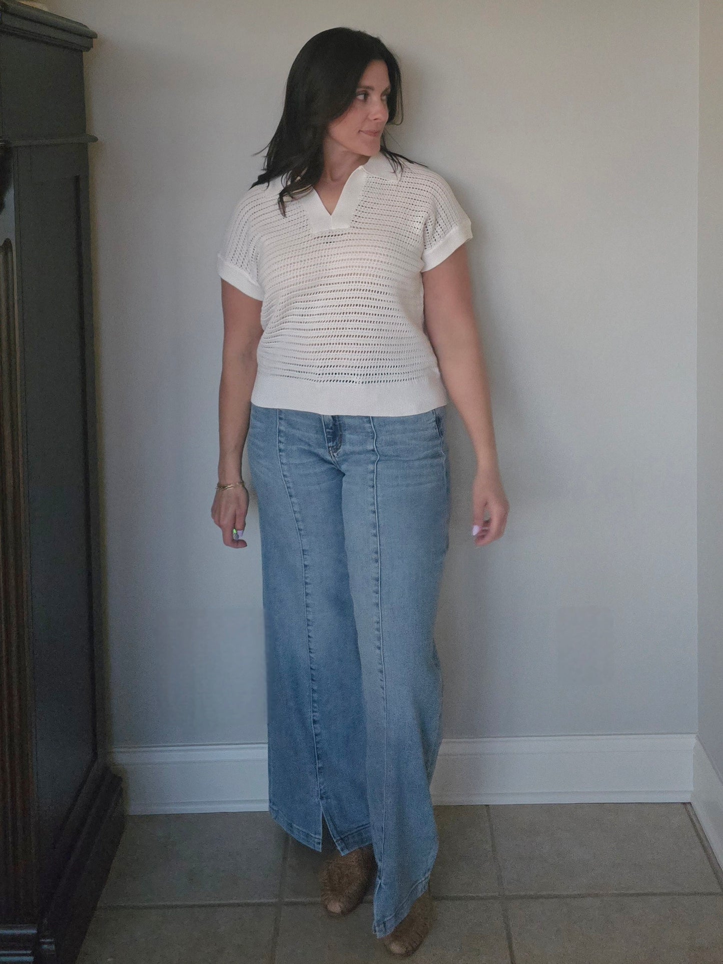 Cream Open Knit Polo