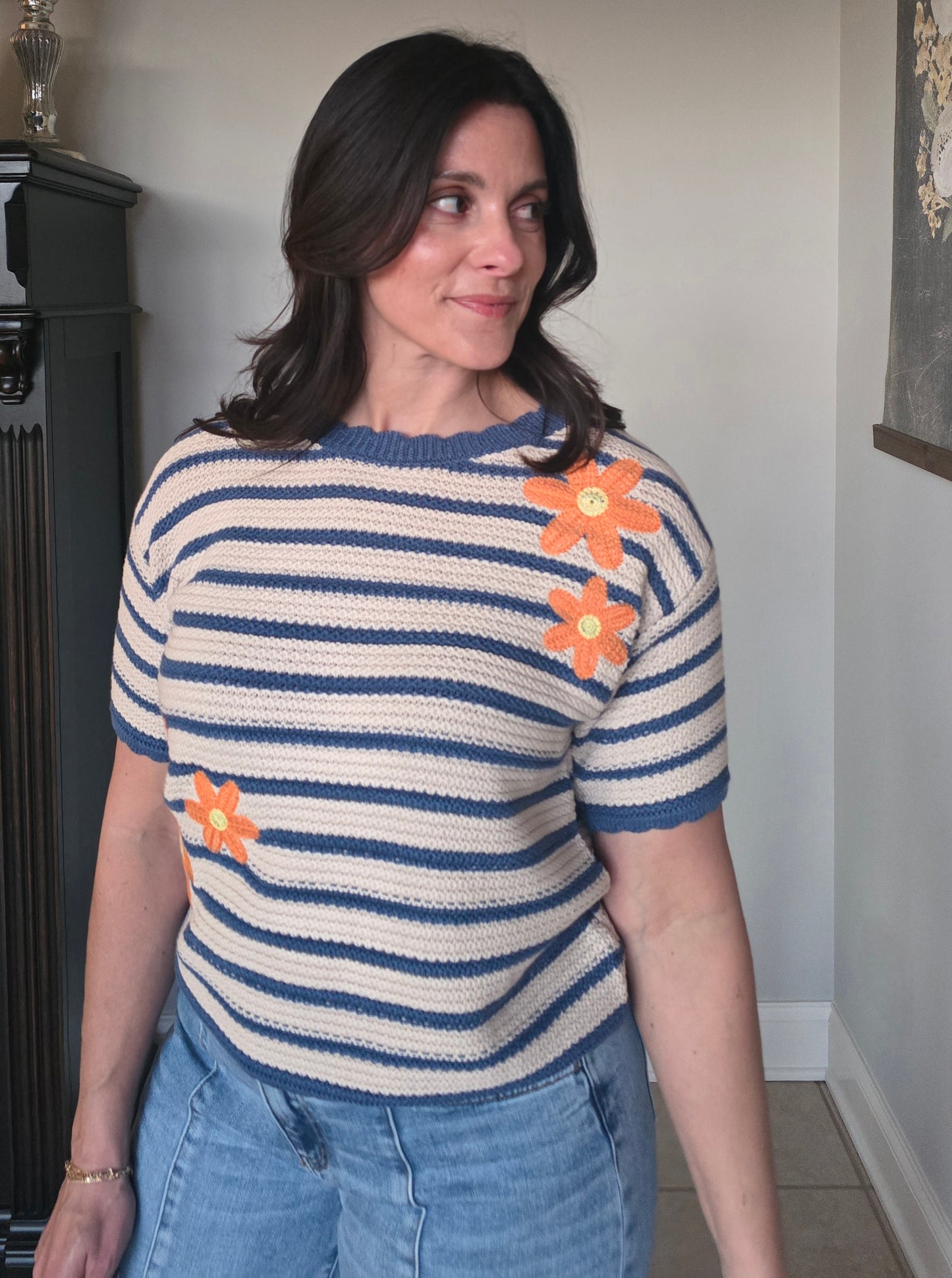 Daisy Embroidered Stripe Knit Top