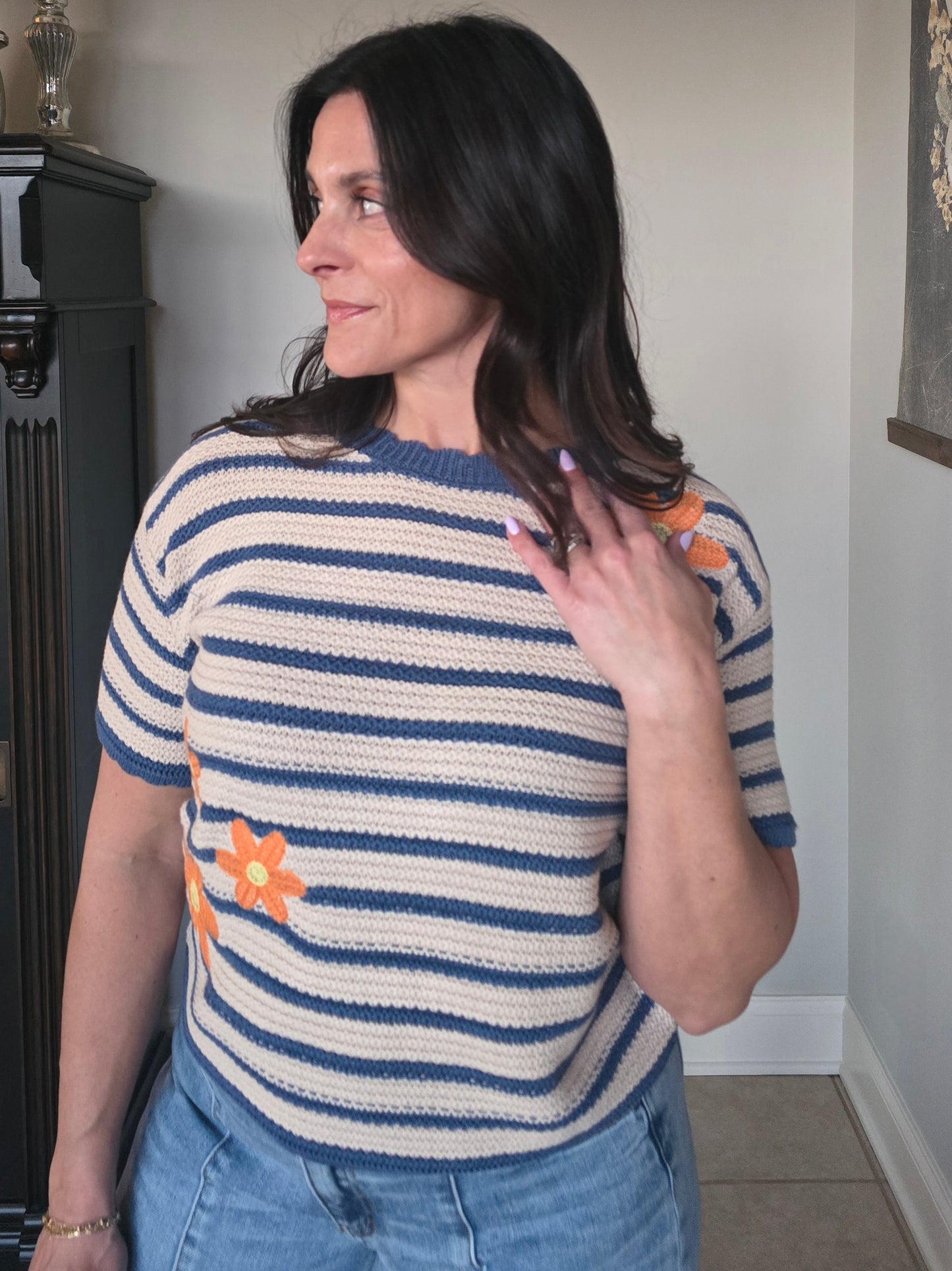 Daisy Embroidered Stripe Knit Top