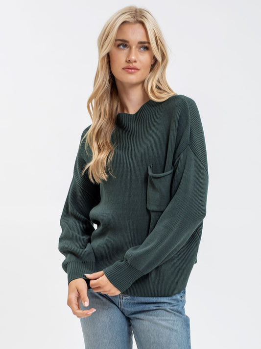 Funnel Neck Ribbed Knit Pocket Sweater