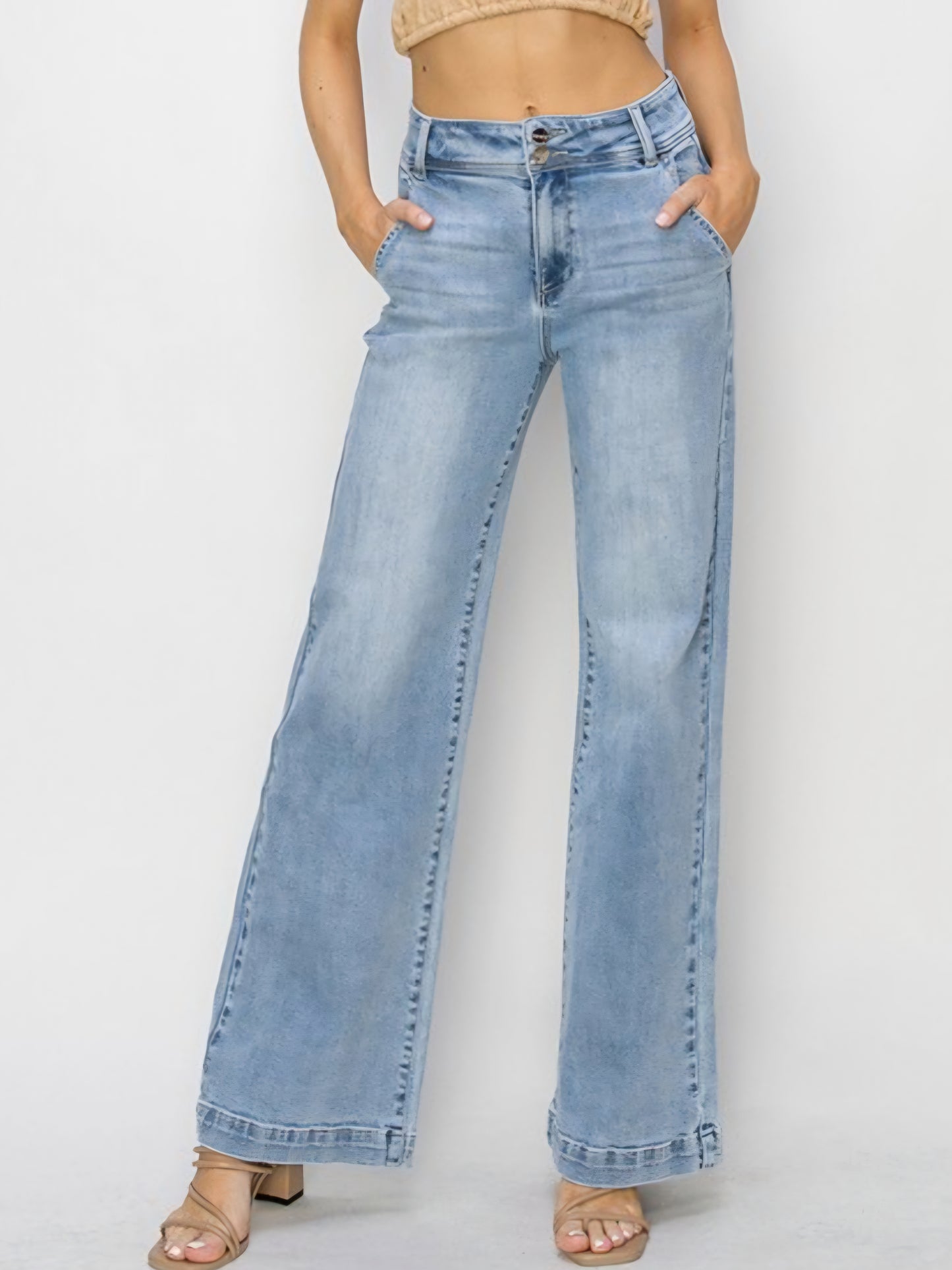 High Rise Double Button Wide Leg Jeans