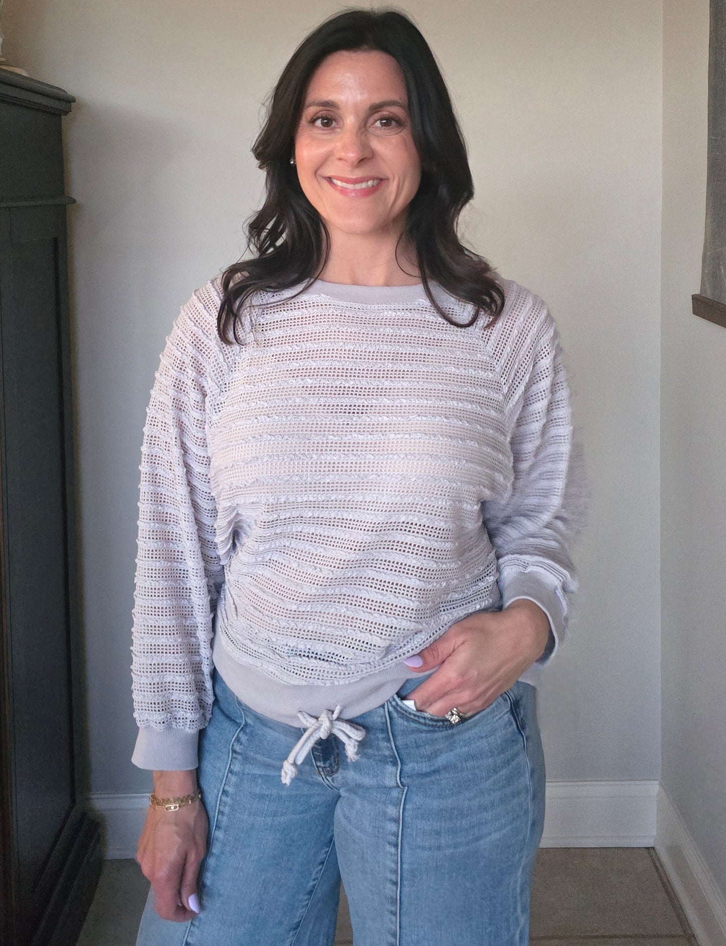 Drawstring Textured Knit Pullover