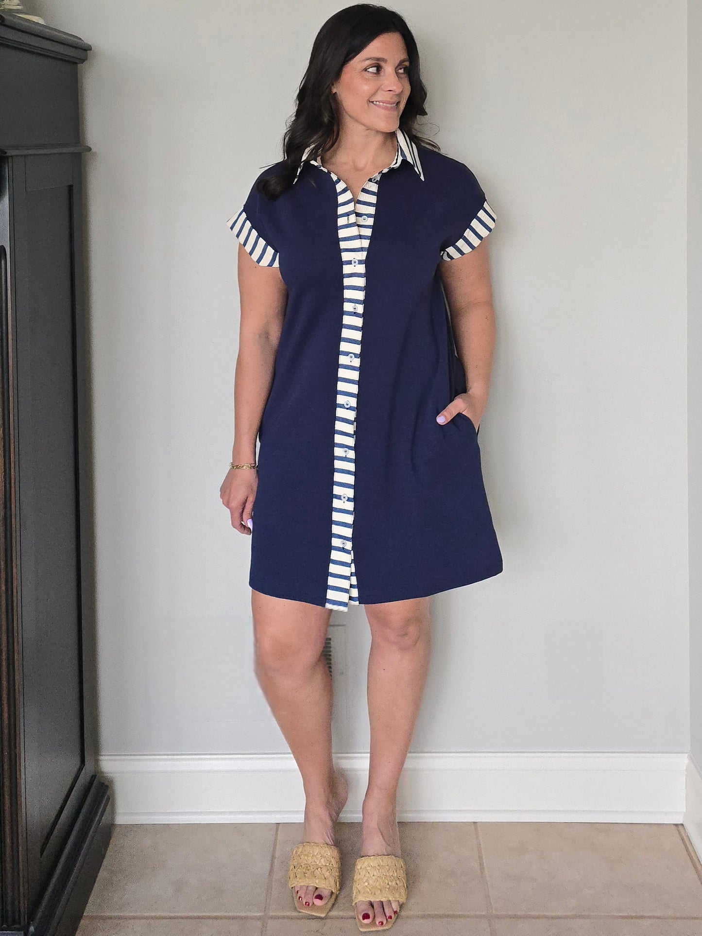 Navy Collared Stripe Accent Dress