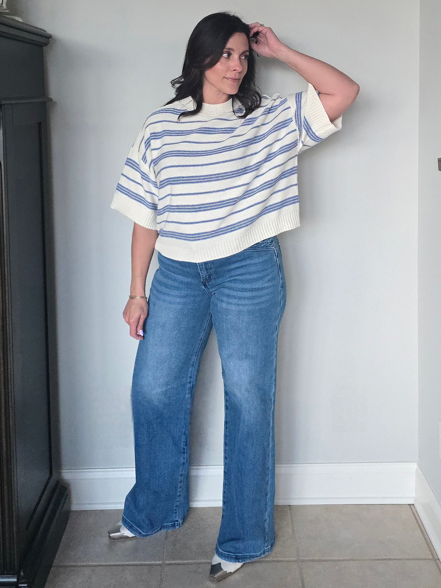 Inside Out Cream + Navy Stripe Short Sleeve Sweater