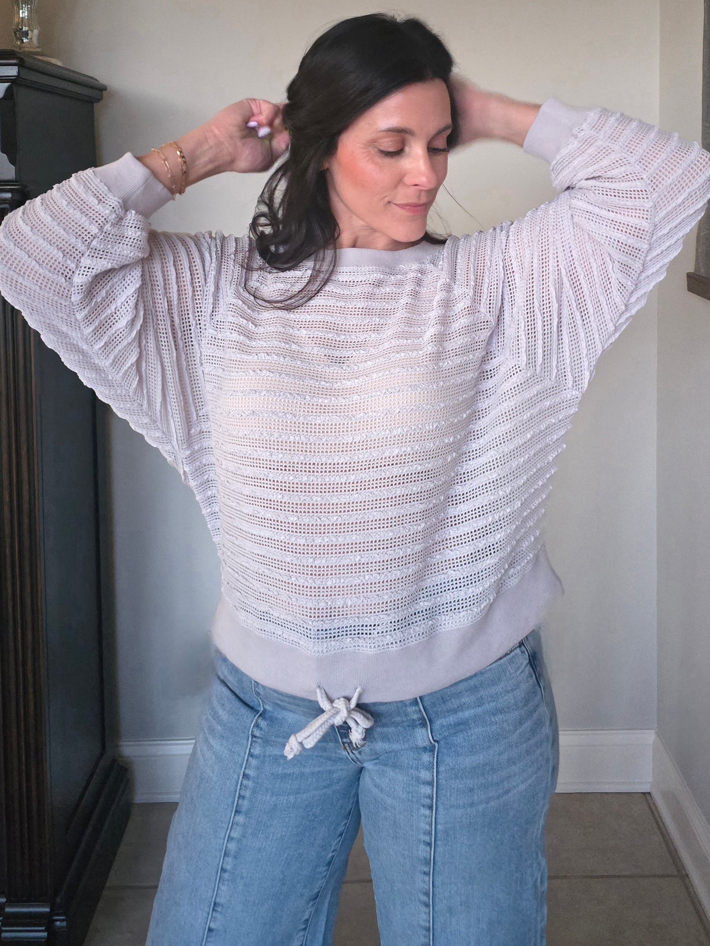 Drawstring Textured Knit Pullover