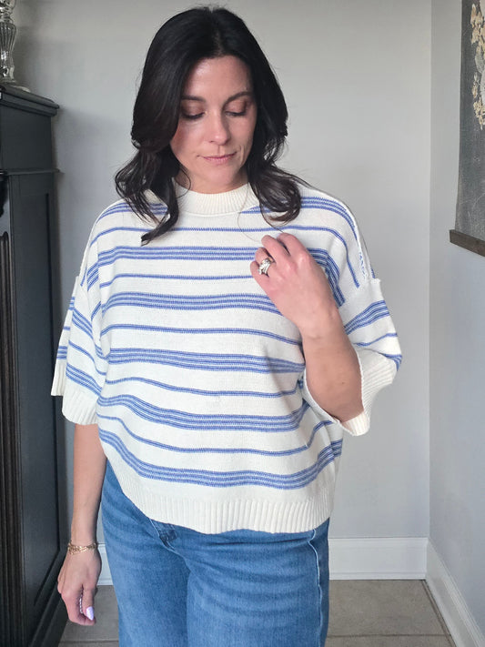 Inside Out Cream + Navy Stripe Short Sleeve Sweater