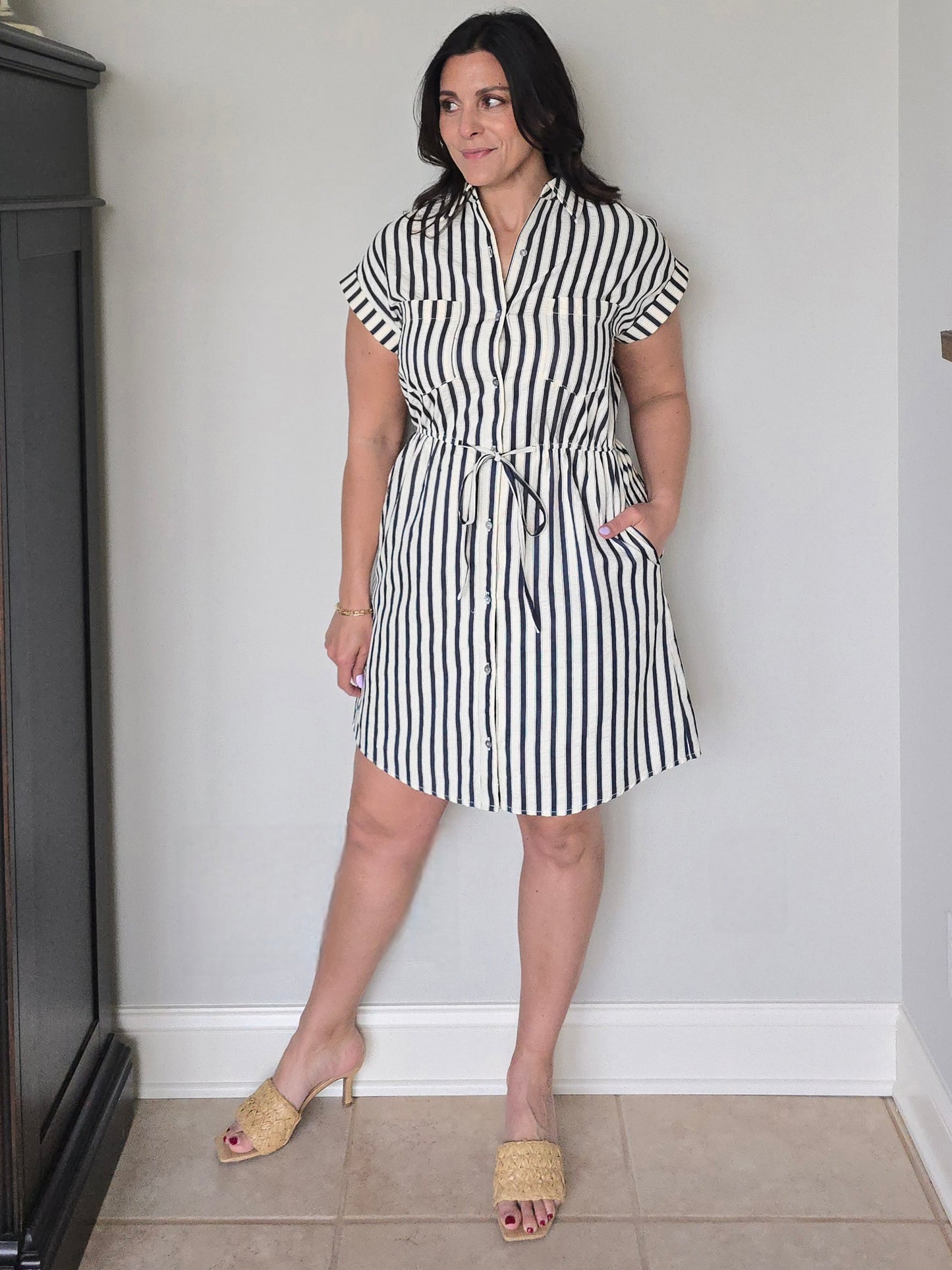 navy stripe shirt dress Dottie Button Up Dress in Navy L